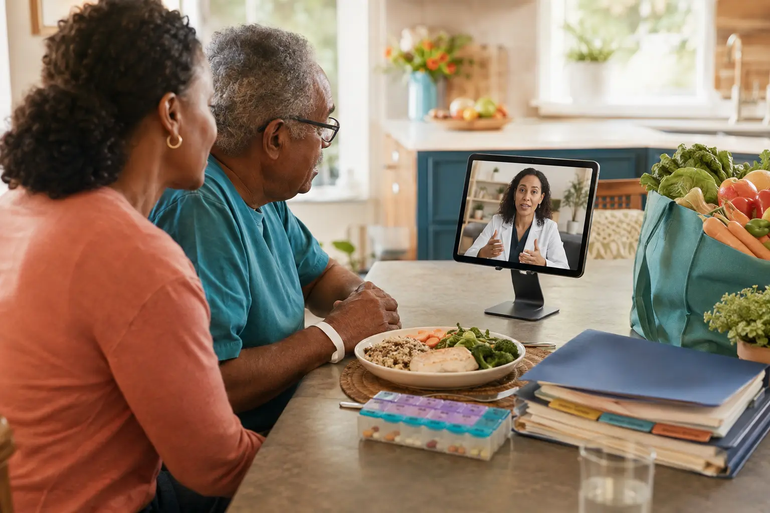 An older adult and family caregiver speak with a dietitian by tablet video in a bright home kitchen beside a prepared meal, groceries, medicines, and an organized folder.