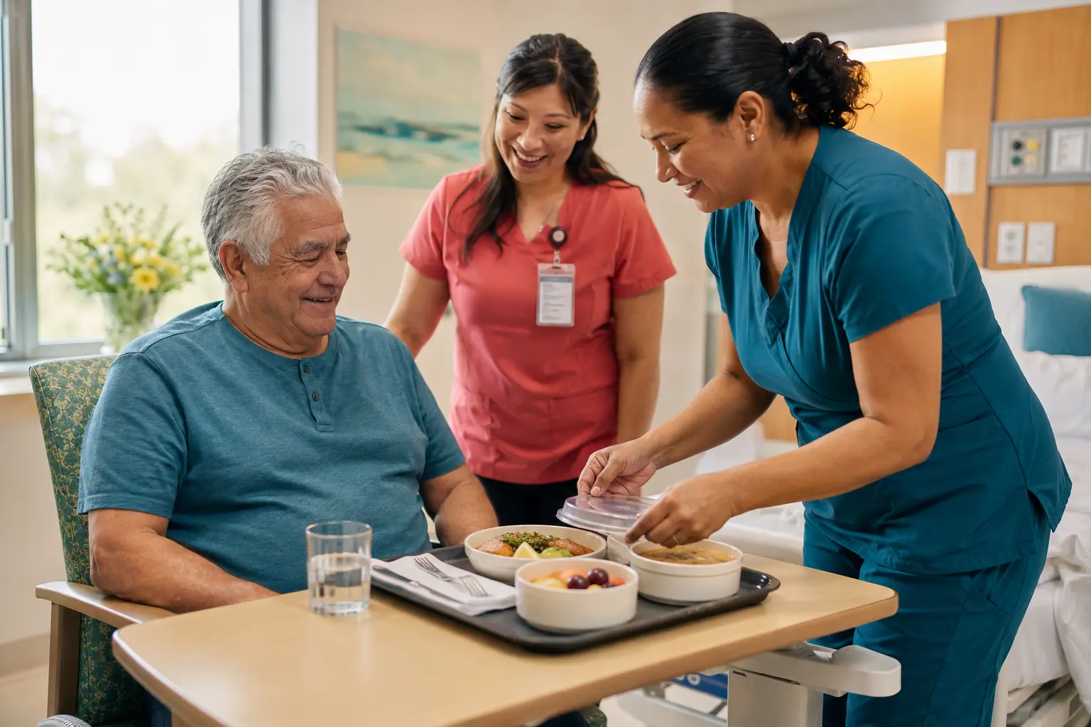 An older adult patient sits upright at a clear tray table while two hospital team members arrange an appetizing meal and confirm that it is ready to eat.