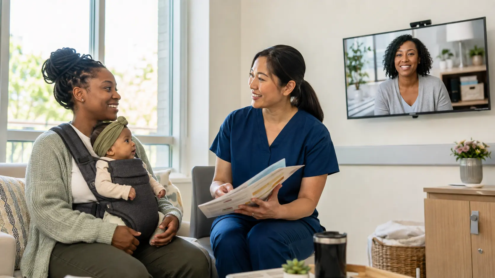 Illustration of a parent and baby reviewing a discharge plan with a nurse while a community support professional joins remotely.