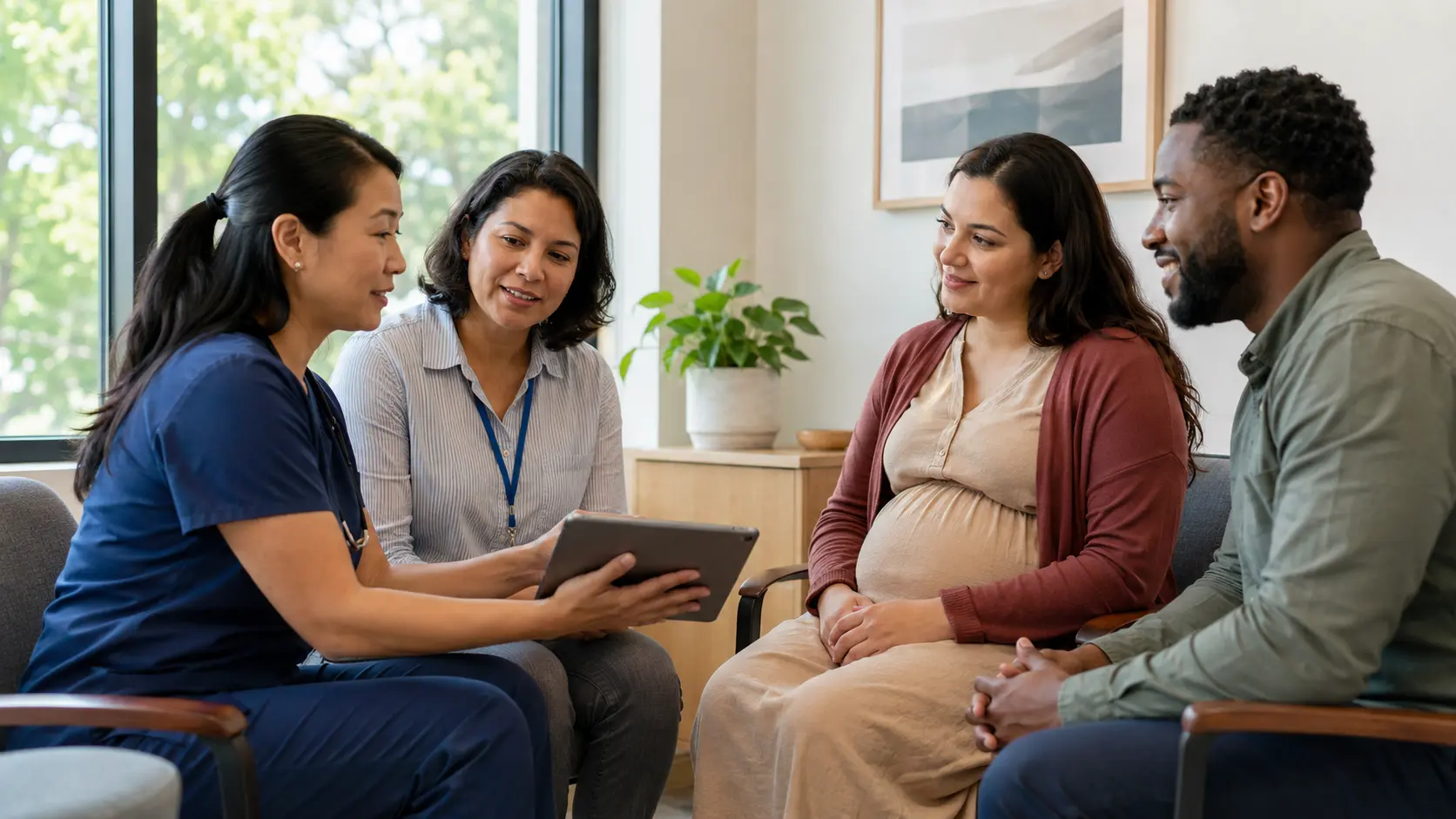 Illustration of a clinician and qualified interpreter holding a respectful maternal care planning conversation with a family.