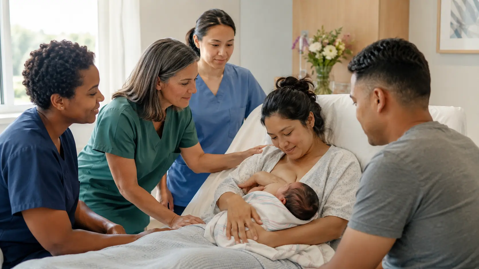 Illustration of a diverse maternity care team offering respectful bedside support to a new parent and newborn.