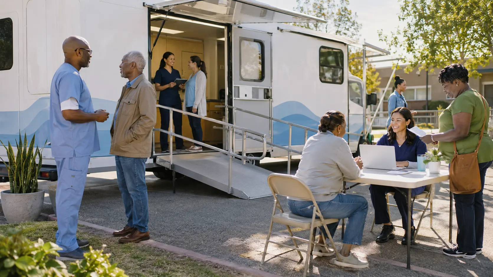 A mobile community clinic team welcoming adults at an accessible neighborhood care site.