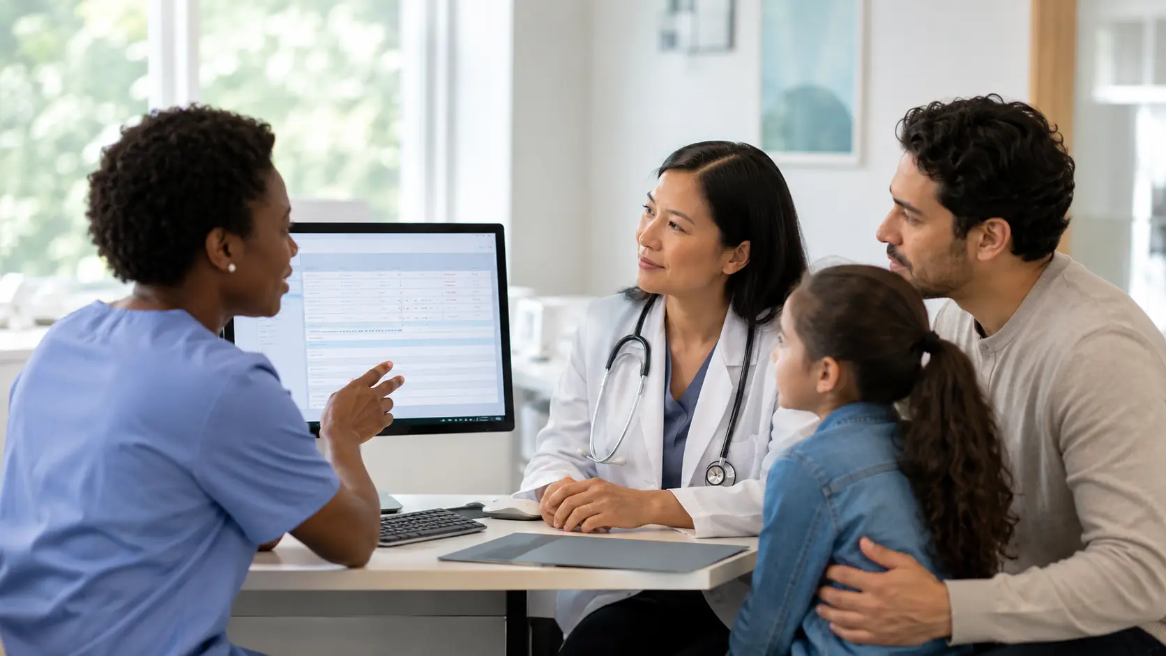 Illustration of a family and healthcare team respectfully reviewing an immunization record together in a primary care clinic.