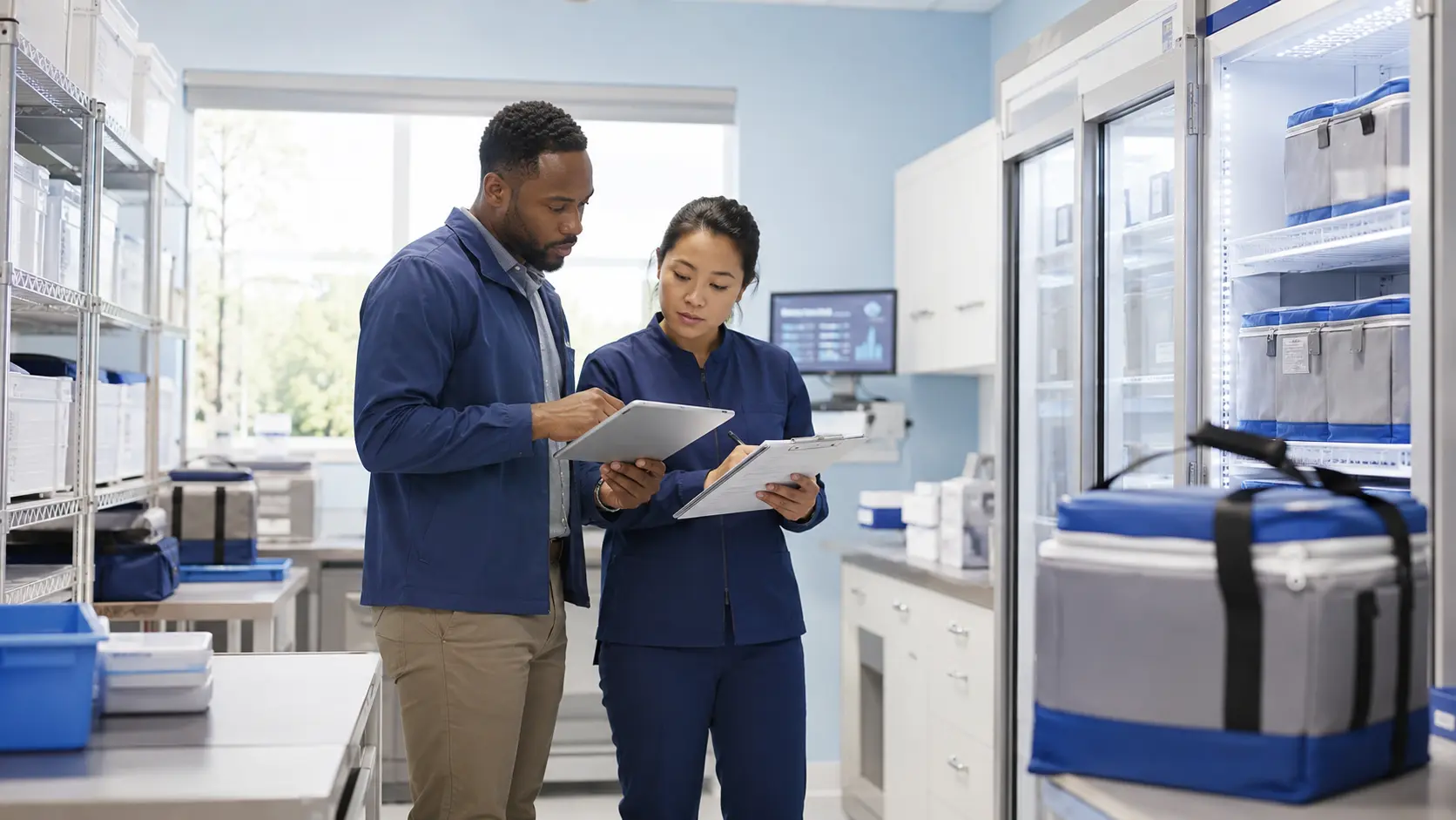 Illustration of two healthcare professionals checking temperature monitoring and organized vaccine storage equipment.