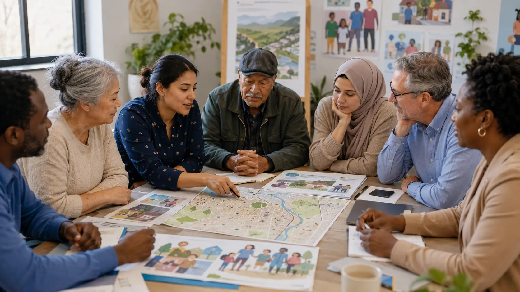 Illustration of community advisers and healthcare leaders planning equitable immunization access around a neighborhood map.