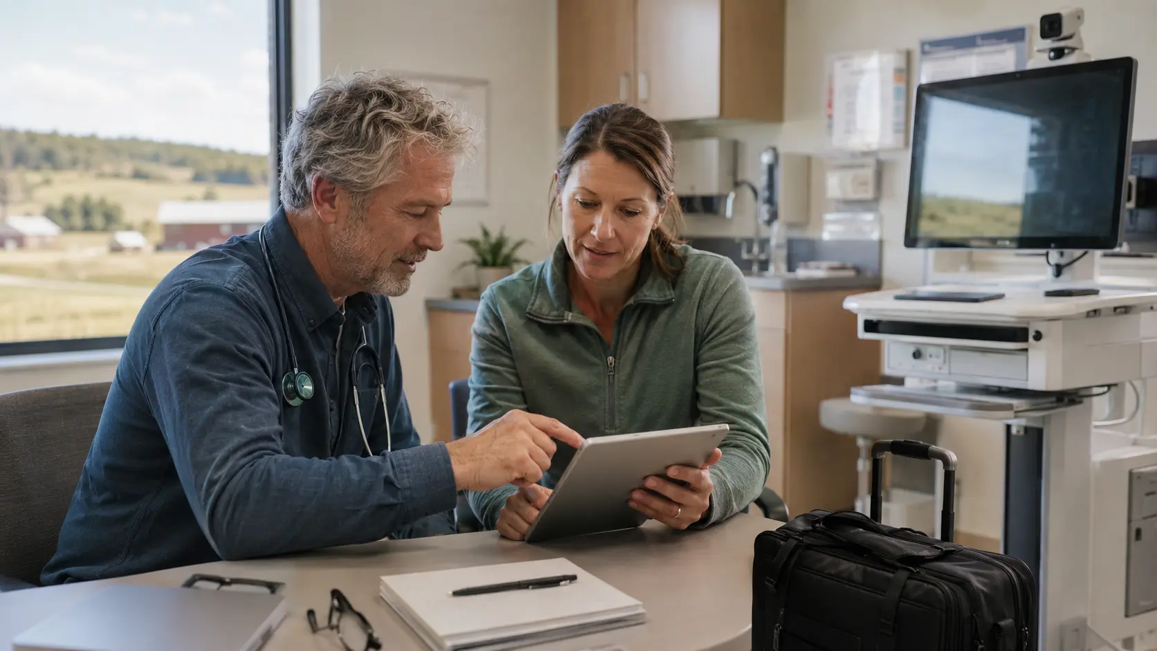 A physician and rural clinic operations lead coordinating an assignment with a tablet beside telehealth equipment.