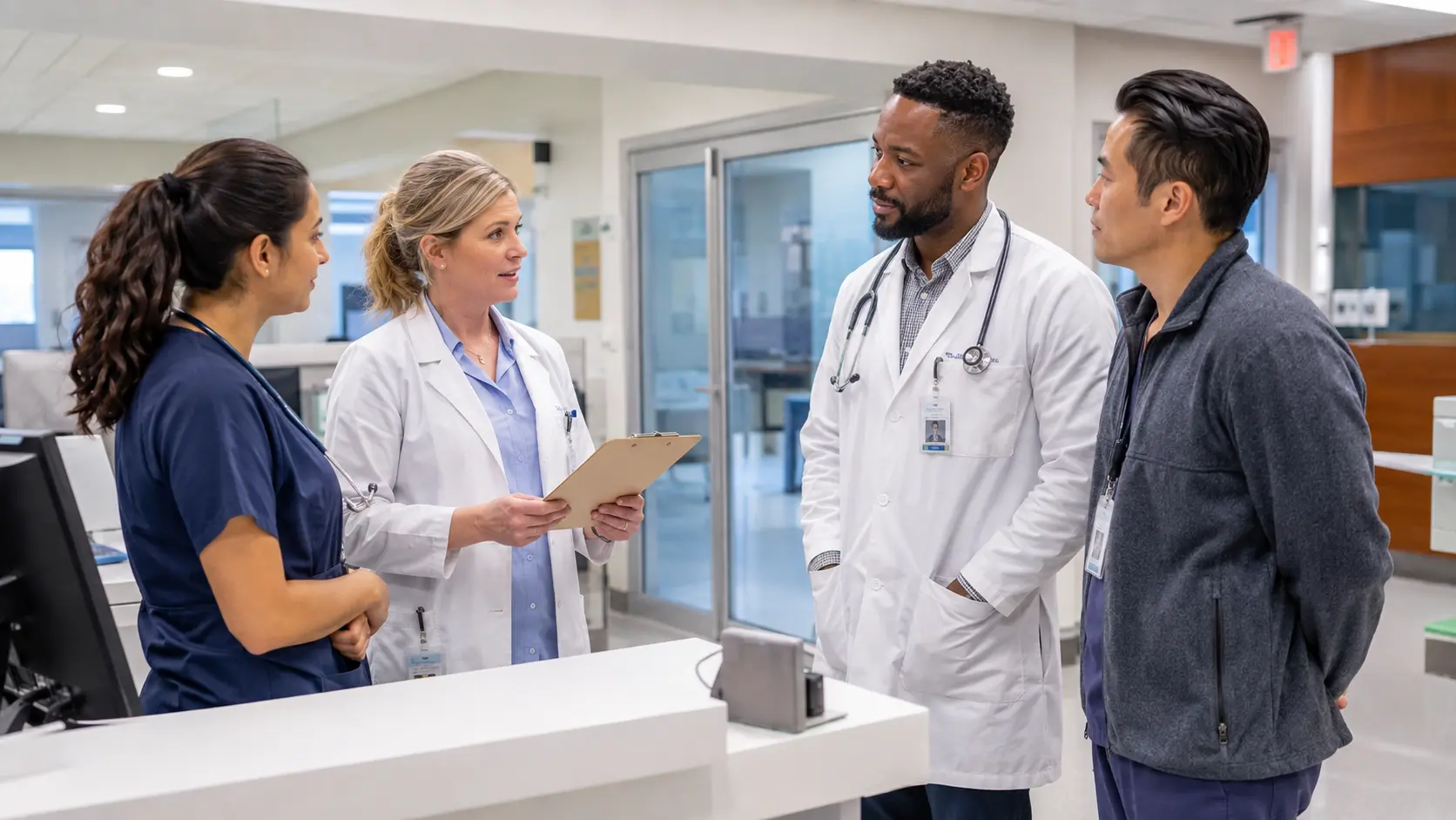 A physician, nurse, pharmacist, and local leader having a structured onboarding and handoff discussion in a hospital work area.