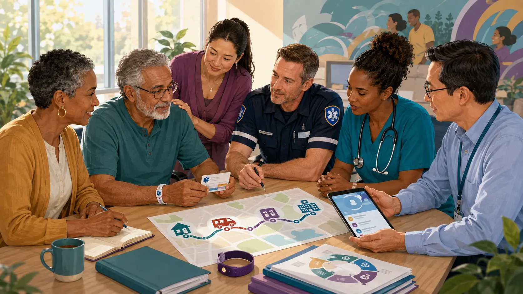 Illustration of a patient, caregiver, paramedic, nurse, clinician, and information specialist planning an emergency information route together.