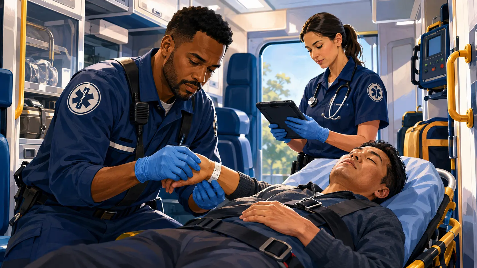 Illustration of paramedics recognizing a generic medical identification bracelet during an ambulance assessment.