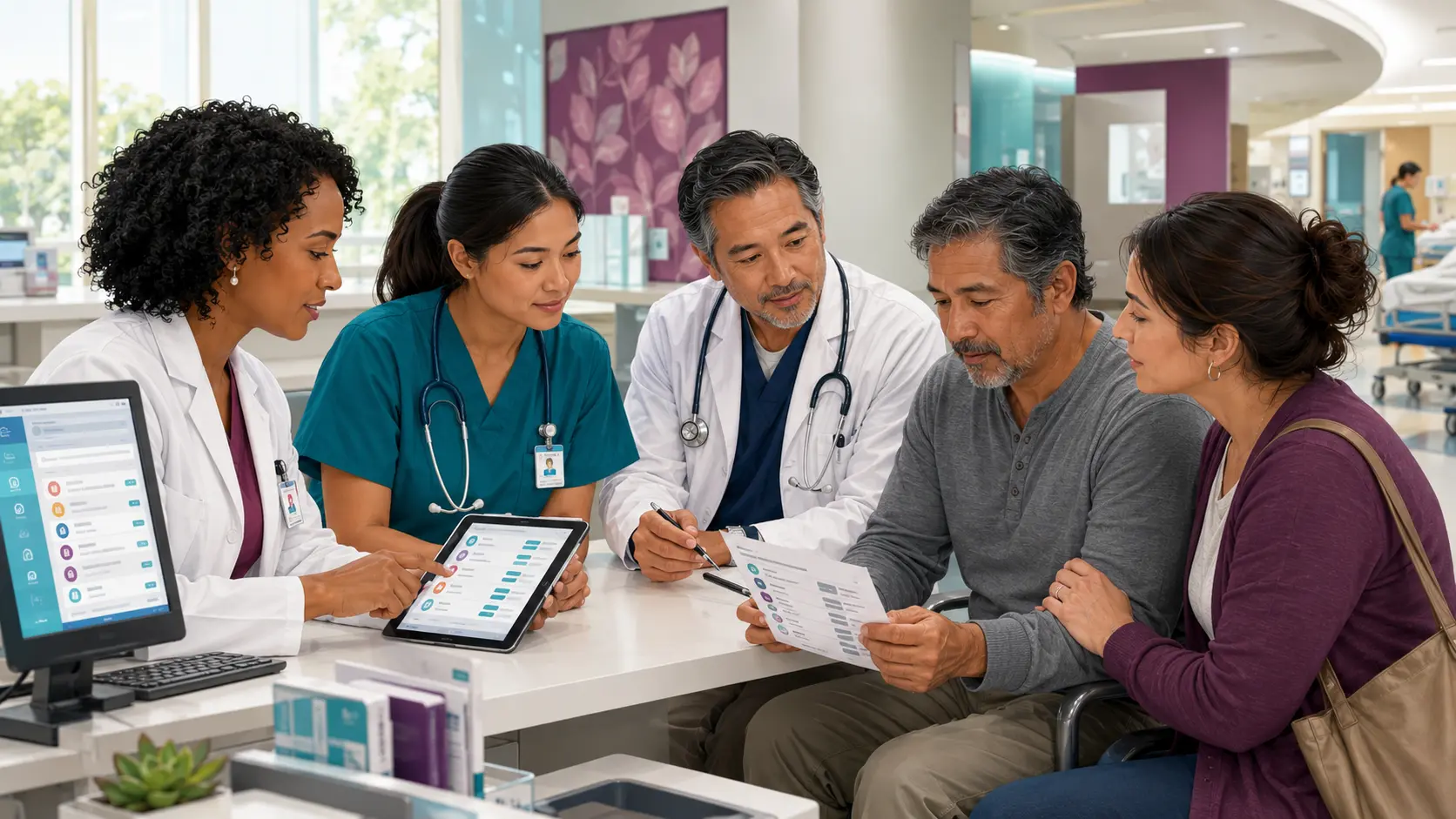 Illustration of an emergency care team, patient, and caregiver reconciling medication and allergy information across several sources.