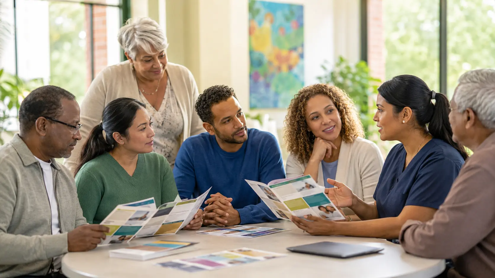 Illustration of a community health worker facilitating a respectful donation information conversation with a diverse multigenerational group.