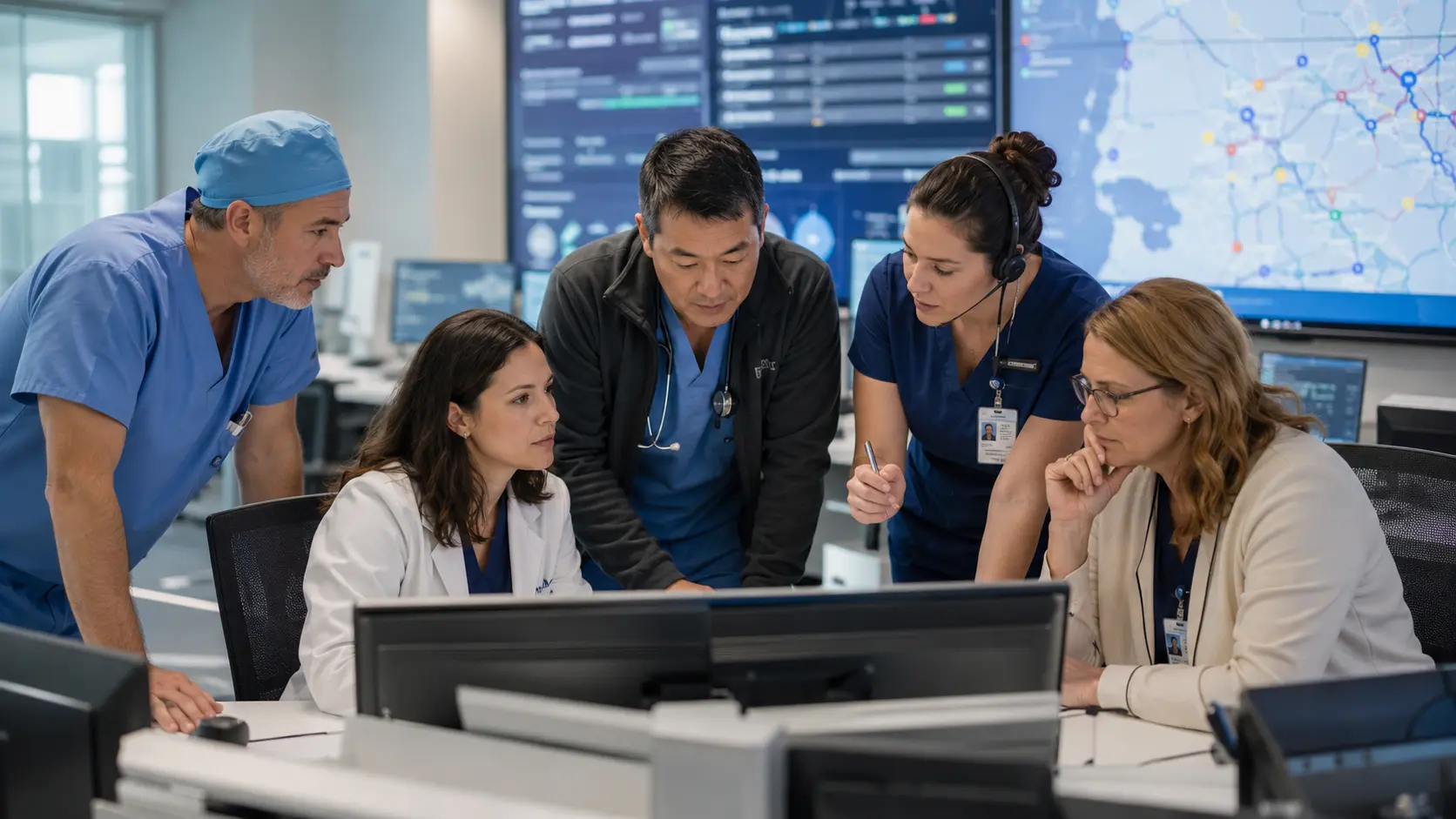 A multidisciplinary neuroscience access team coordinating referrals, transfers, imaging, and bed capacity in a hospital operations center.