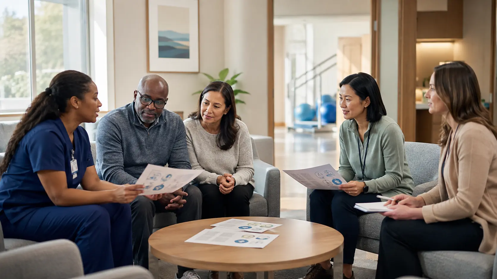 A patient and caregiver meeting with a neurosurgical nurse, rehabilitation professional, and social worker to coordinate discharge and follow-up.