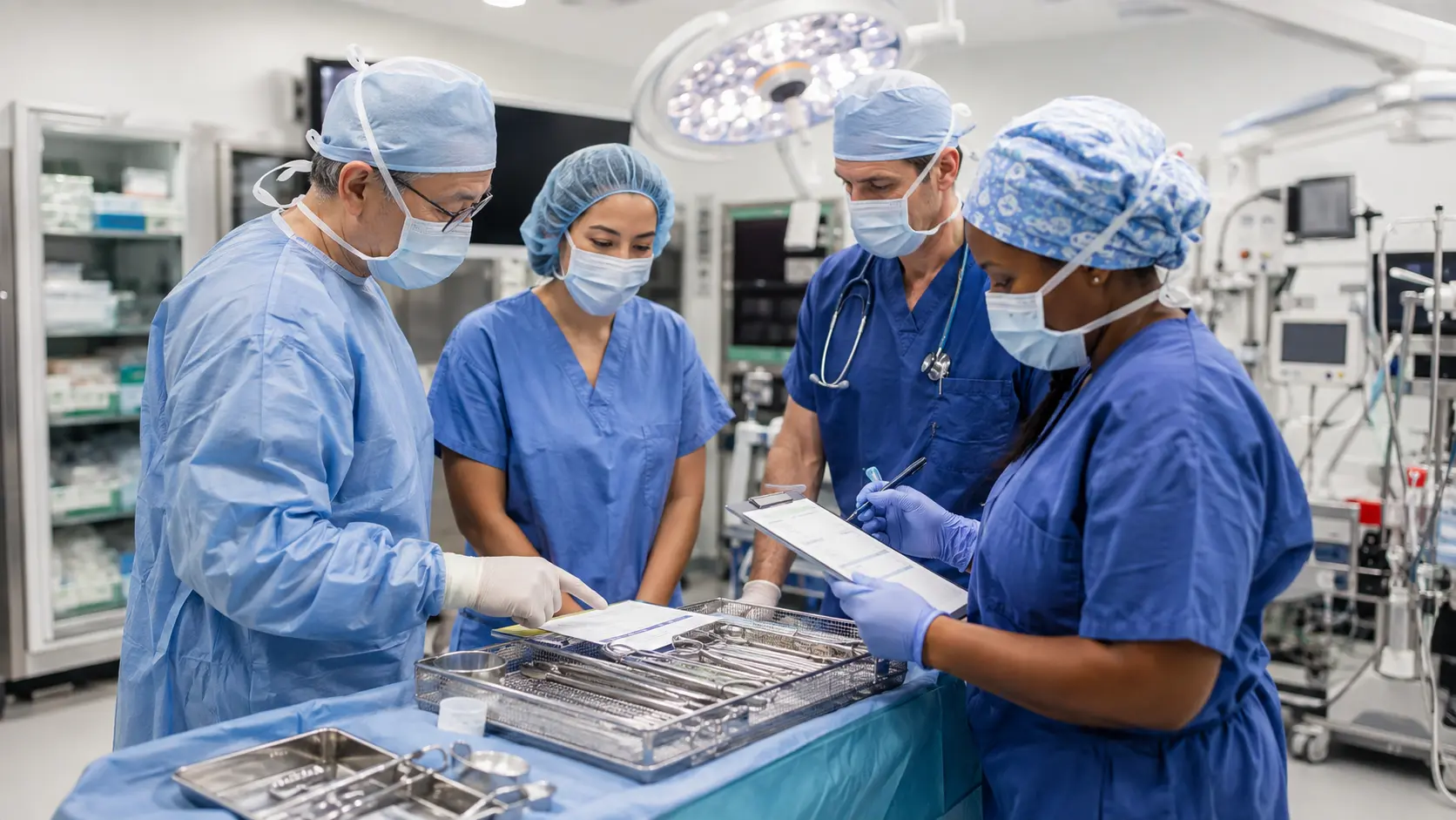 A diverse neurosurgical perioperative team conducting a safety huddle around an instrument tray before a procedure.