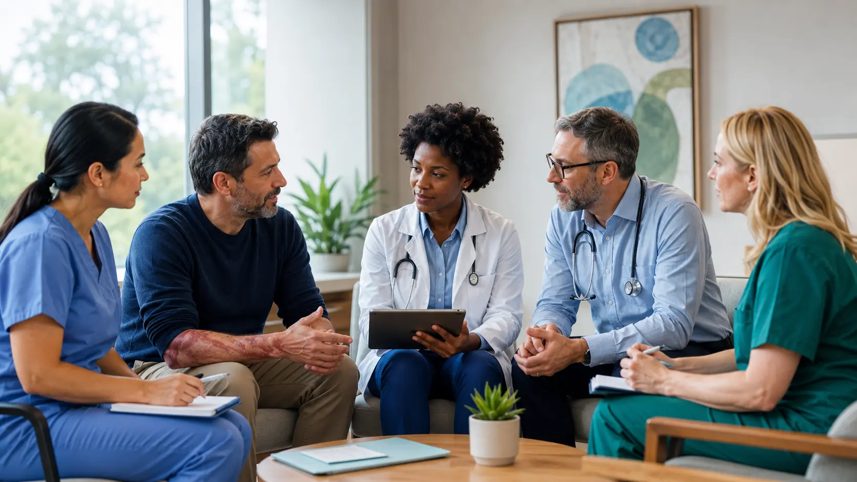 Adult patient participating with a multidisciplinary psoriasis care team in a bright consultation room.