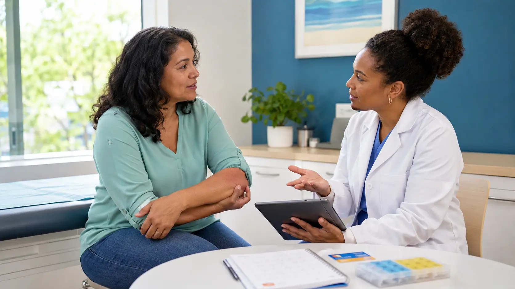 Adult patient and dermatologist having a respectful shared decision-making conversation in a bright examination room.