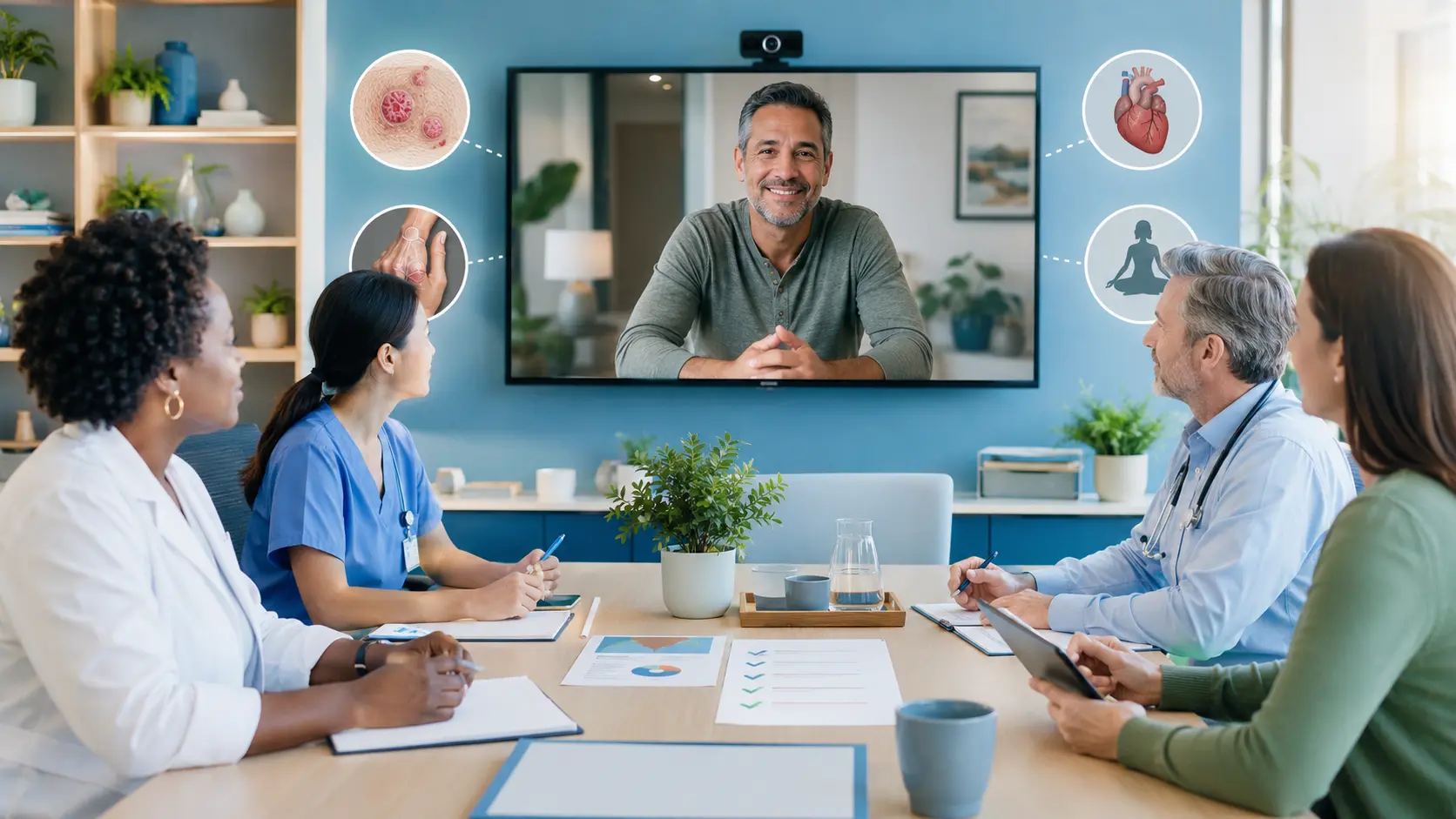Coordinated care team meeting with an adult patient by secure video to review skin, joint, cardiovascular, and well-being needs.