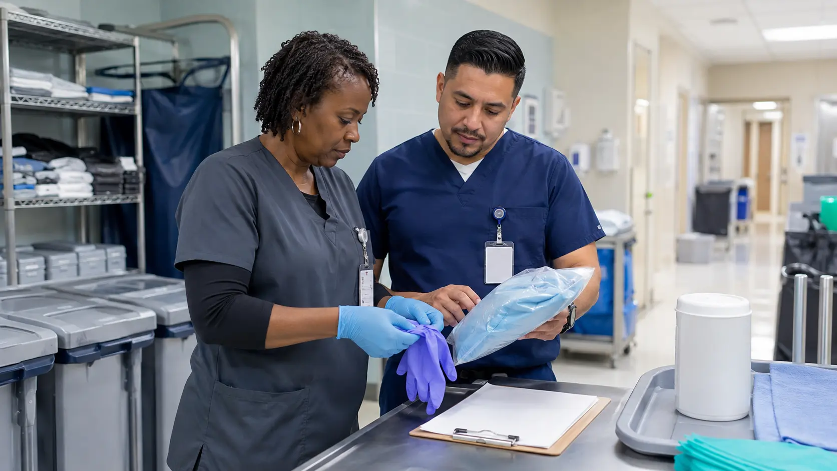 An environmental services professional and a clinical safety leader jointly inspect unbranded gloves and a sealed protective gown package beside a blank clipboard.