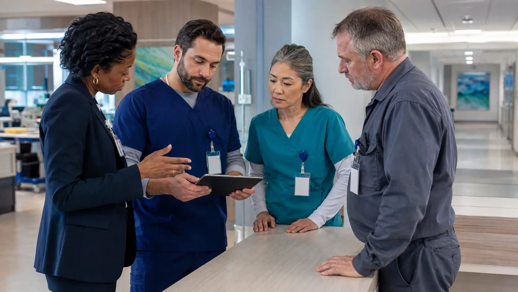 Four hospital professionals from clinical, executive, infection-prevention, and facilities roles reviewing a blank tablet together at a work counter.