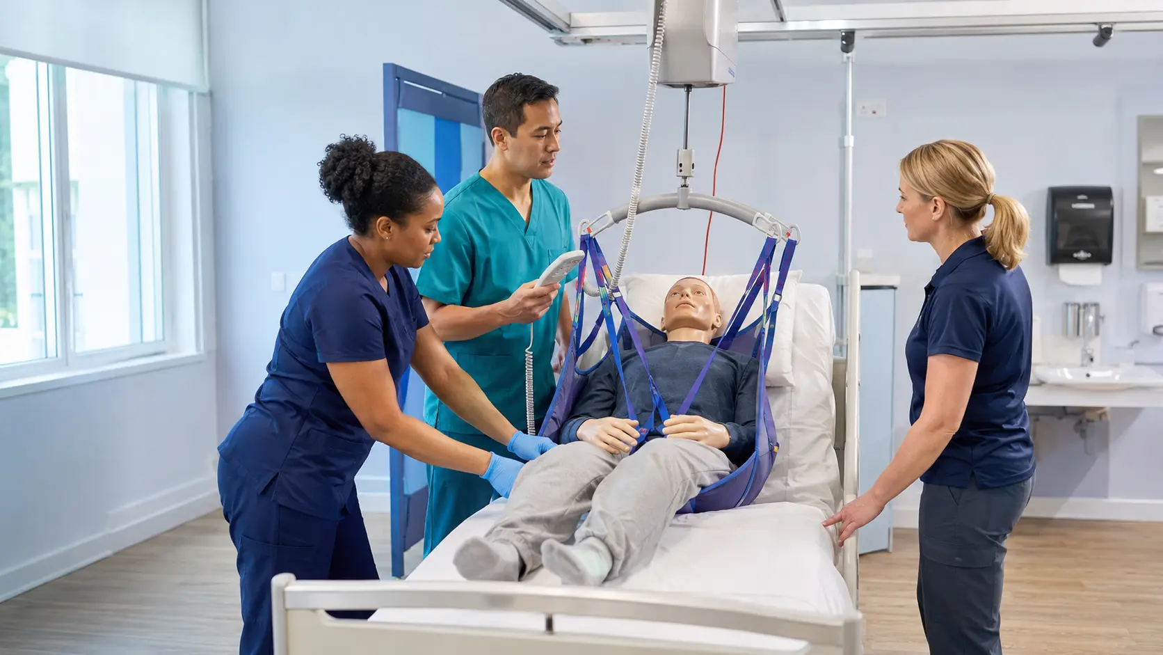 Three healthcare professionals in a simulation room check a ceiling-lift sling, hand control, and bed clearance around a fully clothed training mannequin.