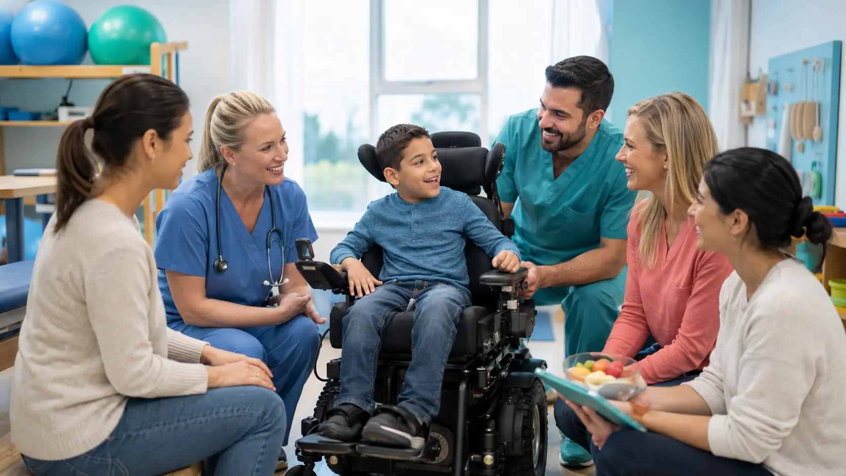 School-age child using a power wheelchair with a parent and a multidisciplinary pediatric team in an accessible rehabilitation room.
