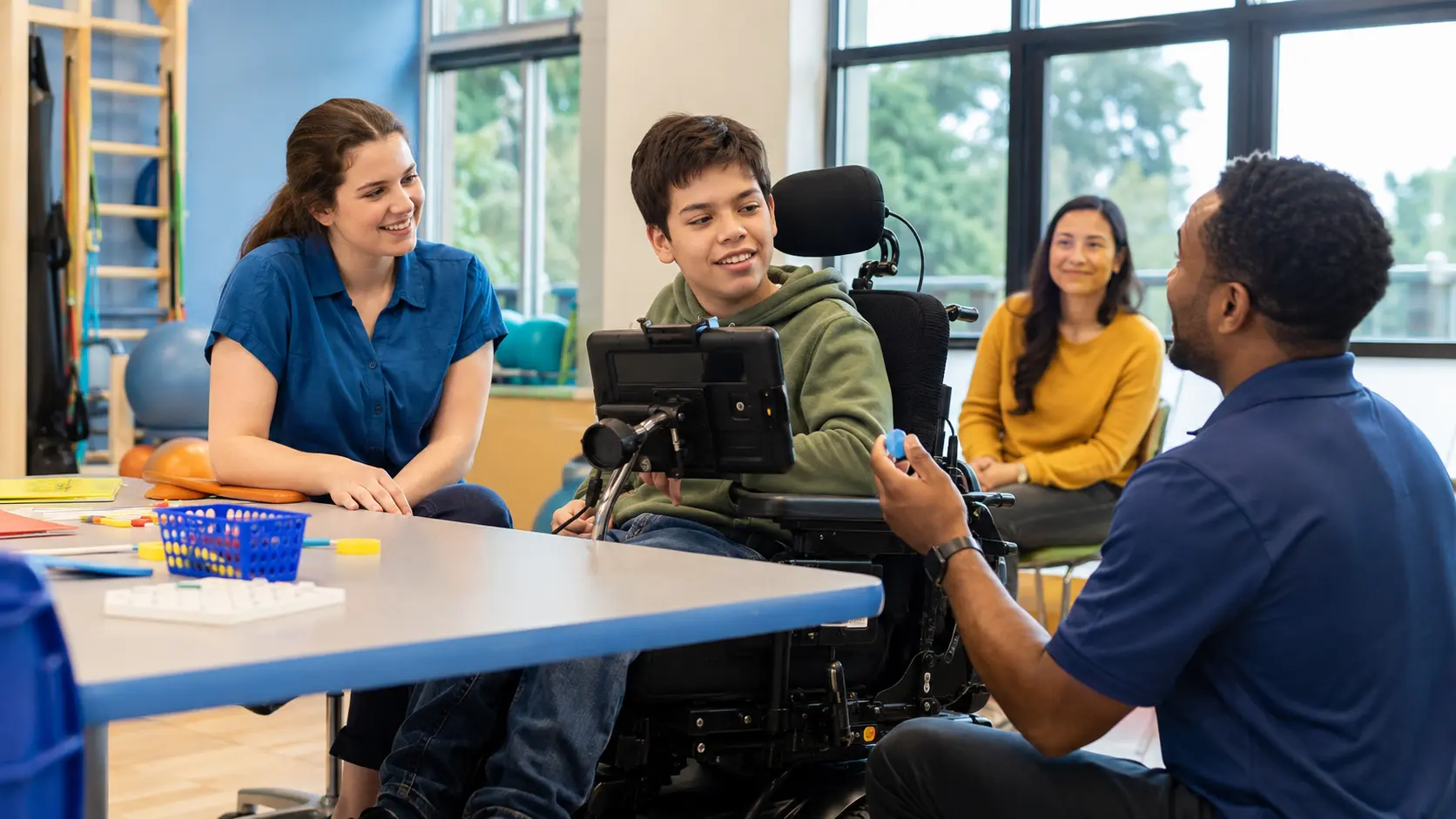 Teenager using a power wheelchair participating in an adaptive activity with rehabilitation professionals and a family member.