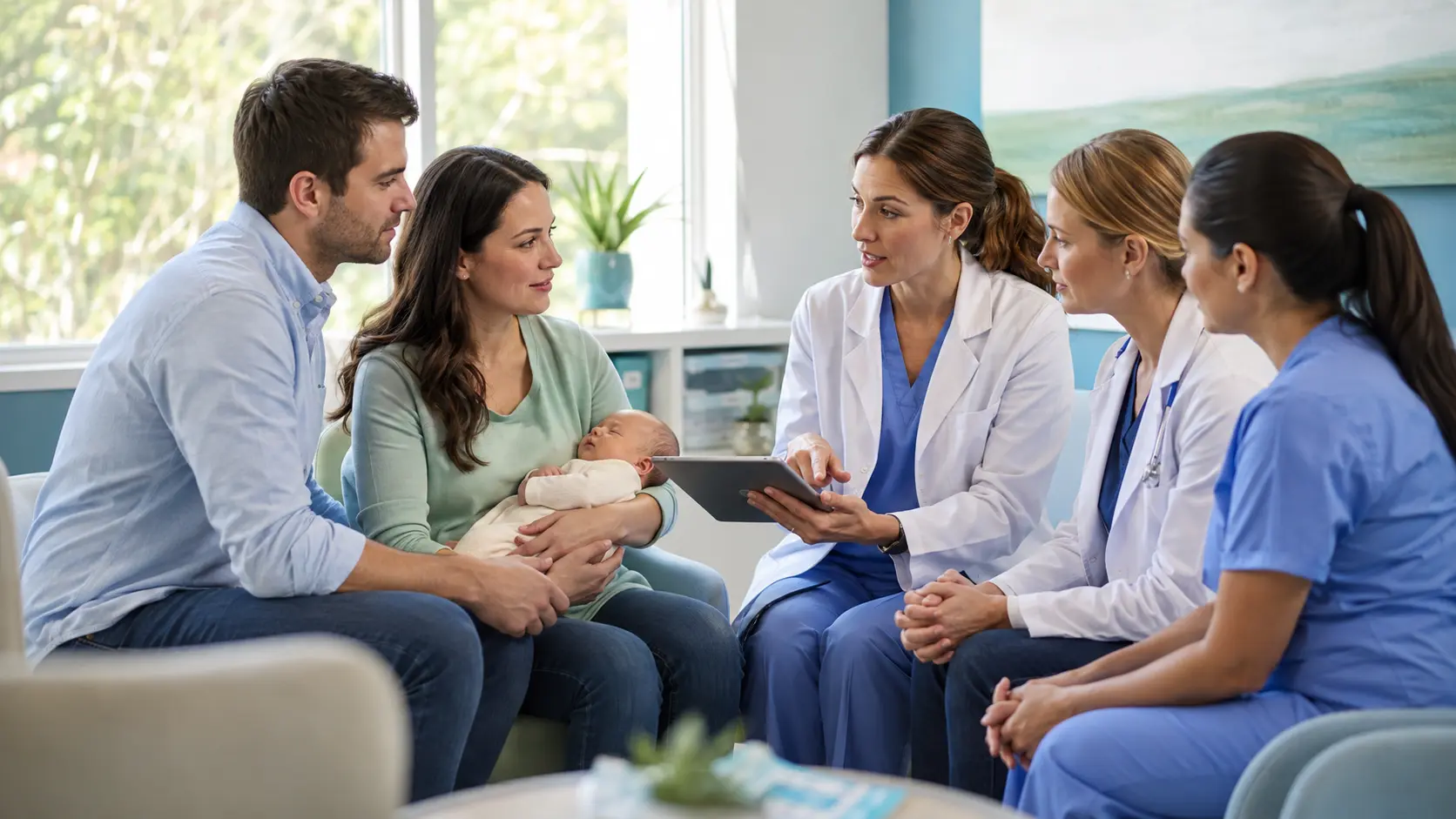 Parents holding a newborn while a genetic counselor, pediatric neurologist, and nurse coordinator discuss a screening follow-up plan in a bright consultation room.