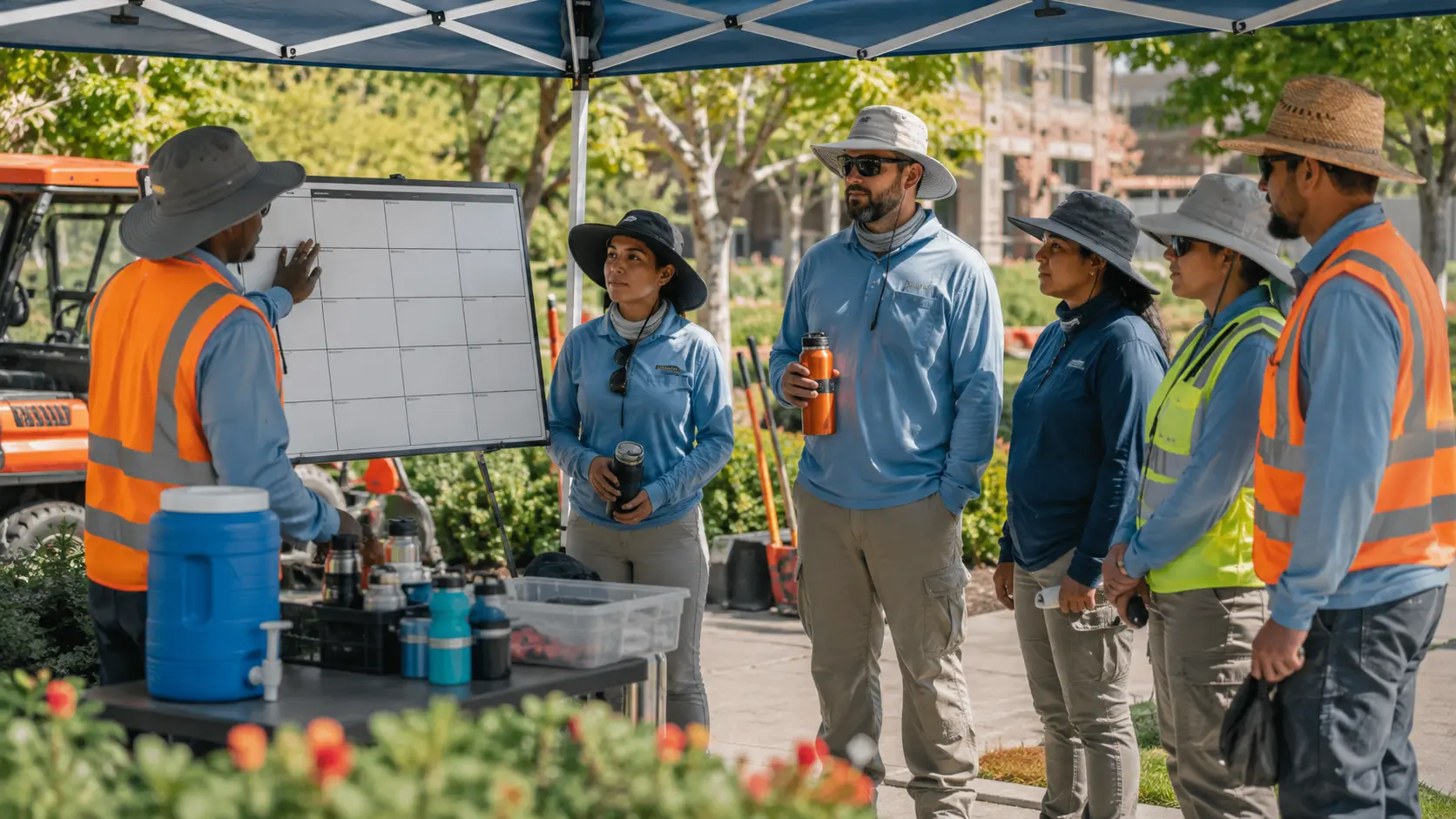 Diverse outdoor facilities team reviewing a work plan under a shade canopy with protective clothing and a water station.