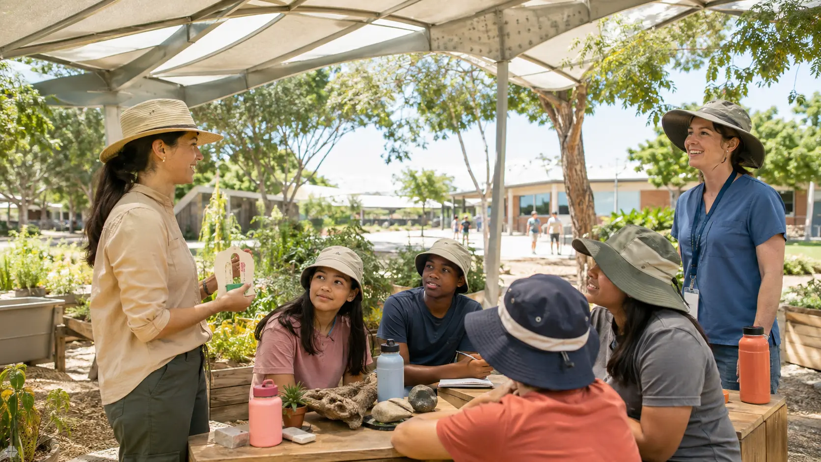 Diverse middle-school students with an educator and school nurse learning outdoors under a shade canopy.