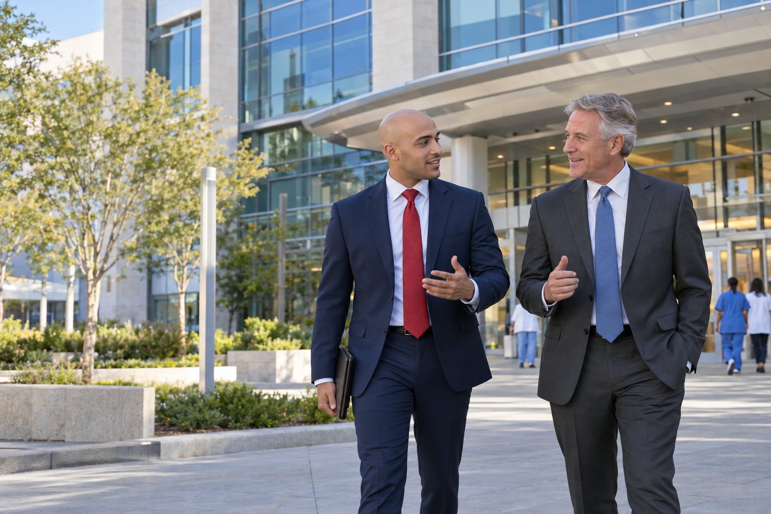 An administrative fellow and a senior executive talking as they walk outside a hospital