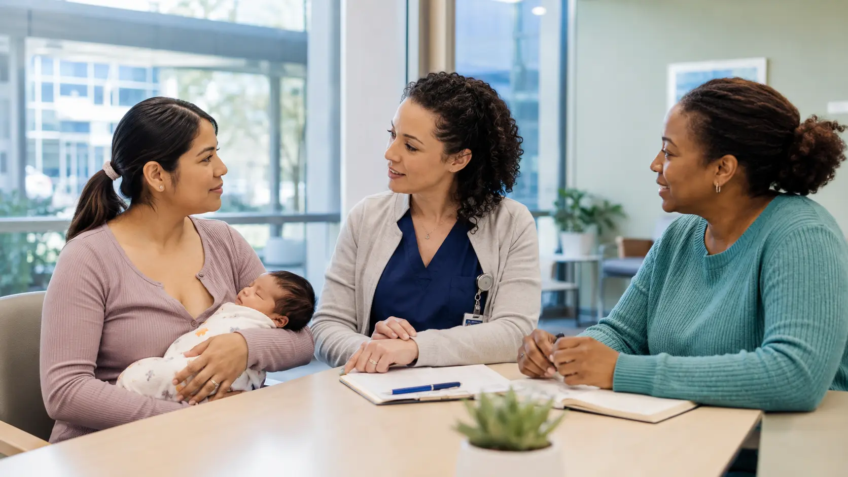 A parent holding a swaddled newborn while a hospital lactation clinician and community peer counselor coordinate a respectful follow-up plan.
