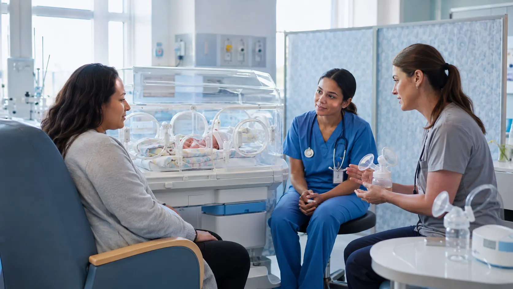 A fully clothed parent beside a neonatal incubator listening with a neonatal nurse and lactation specialist while privacy screens and pump equipment are available.