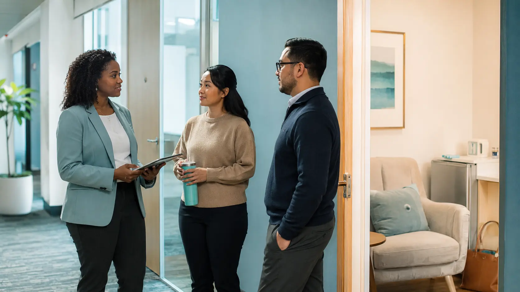 A returning employee, HR leader, and supervisor discussing a flexible plan beside an open private lactation room.