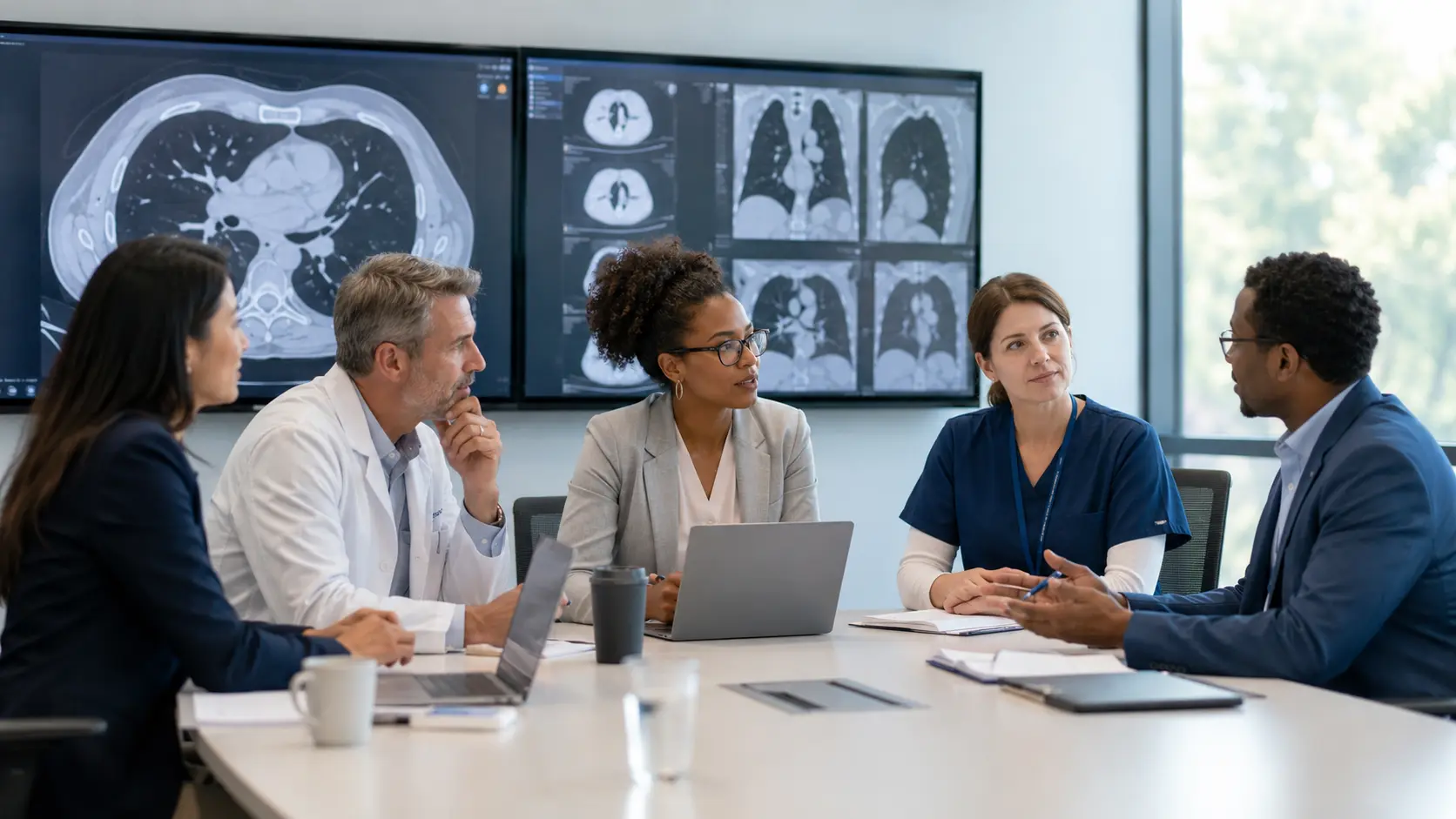 A multidisciplinary team of clinicians, a navigator, and a data leader coordinating a lung cancer screening and nodule-management pathway.