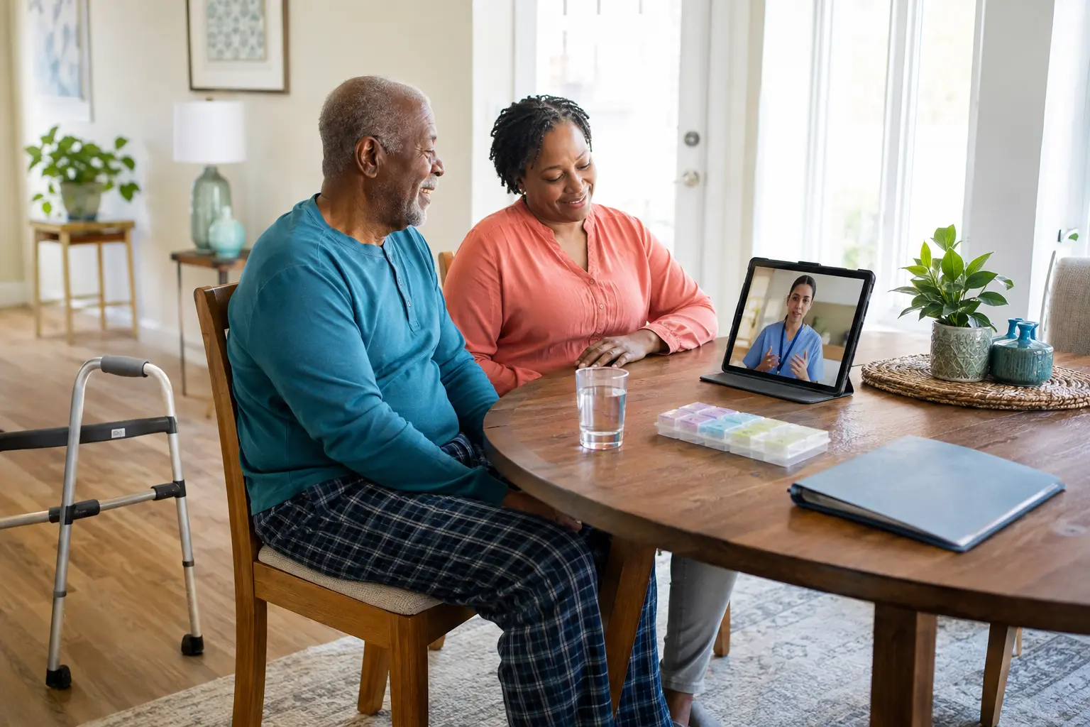 An older adult and caregiver sit at a bright home table during a video follow-up with a nurse navigator, with a walking aid and medication organizer nearby.
