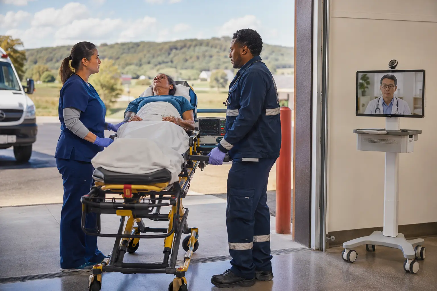 A rural emergency nurse and a critical-care transport paramedic coordinate beside an older adult on a stretcher while a remote physician appears on a telehealth screen.