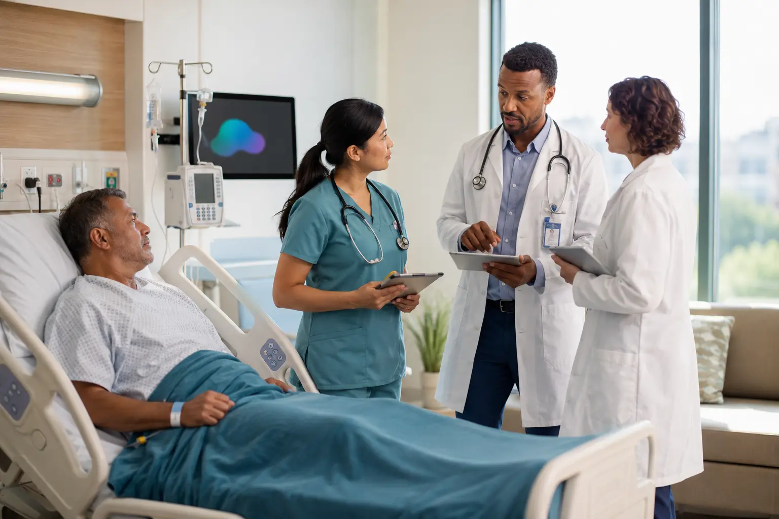 An adult patient rests in a bright hospital room while a nurse, physician, and pharmacist conduct a focused bedside huddle.