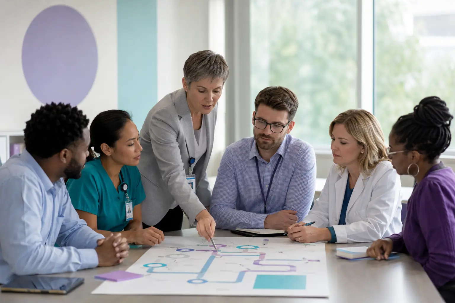 A multidisciplinary healthcare team and community partner reviewing an abstract care pathway around a table.