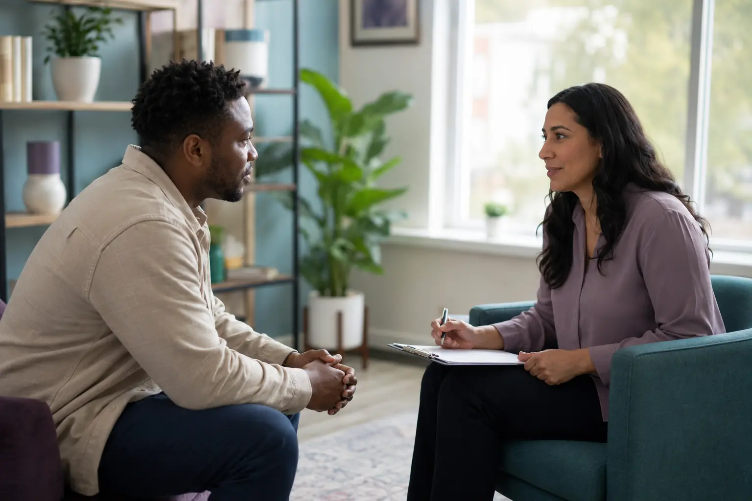 An adult and a clinician having a calm private conversation at equal eye level in a bright room.