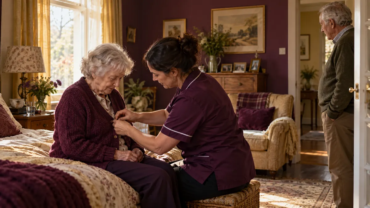 A home care aide helps an older woman with dementia button her cardigan while her husband watches from the doorway.