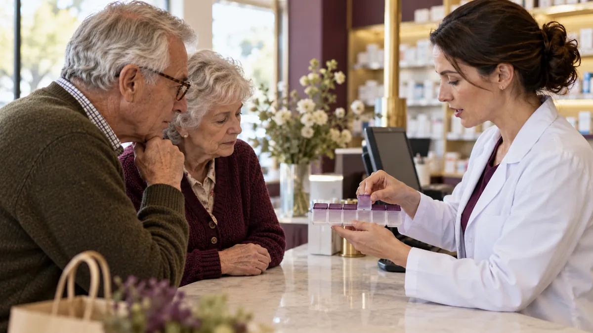 A pharmacist shows the husband a weekly pill organizer at a community pharmacy counter.
