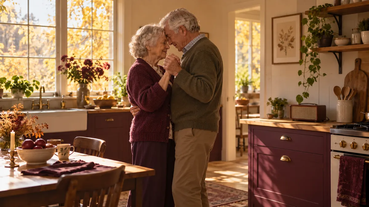 The husband and wife sway together to music from a small radio in their sunny kitchen.