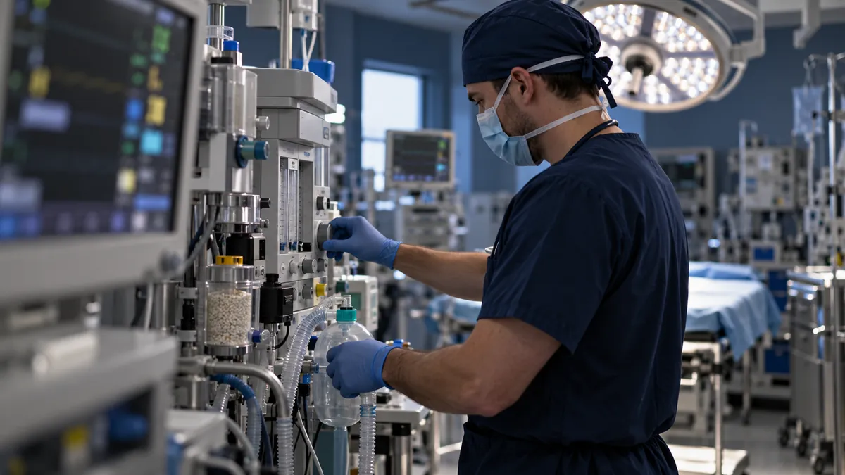 An anesthesiologist assistant completes an anesthesia machine checkout in an operating room before the first case.