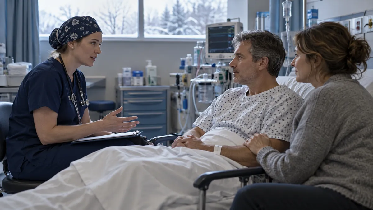 An anesthesiologist assistant explains the anesthesia plan to a man in a hospital gown with his wife beside him.