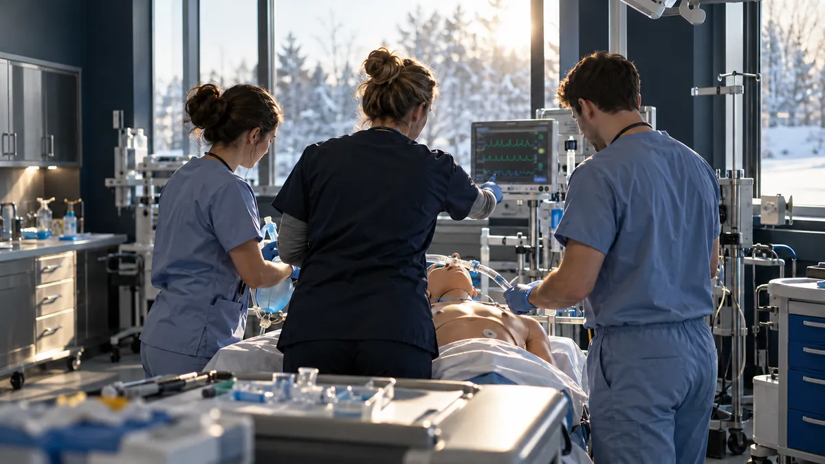 An anesthesiologist assistant educator coaches two students at a high-fidelity manikin in a simulation room.
