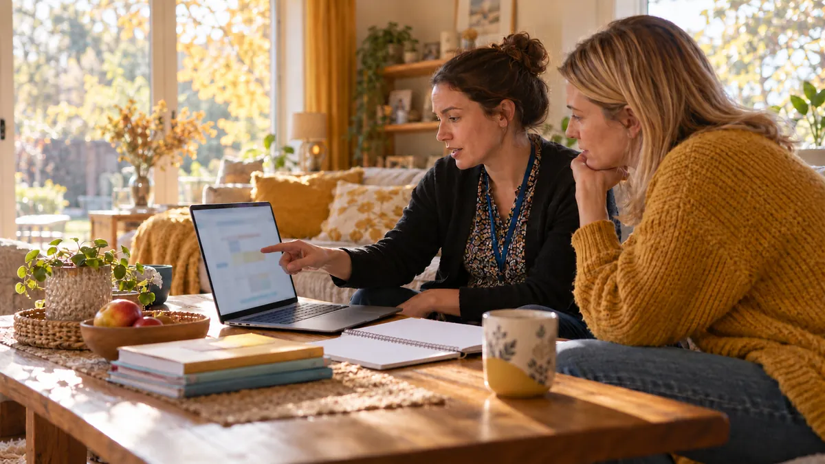 A hospital school liaison and a mother plan homework and a classroom return on a laptop.