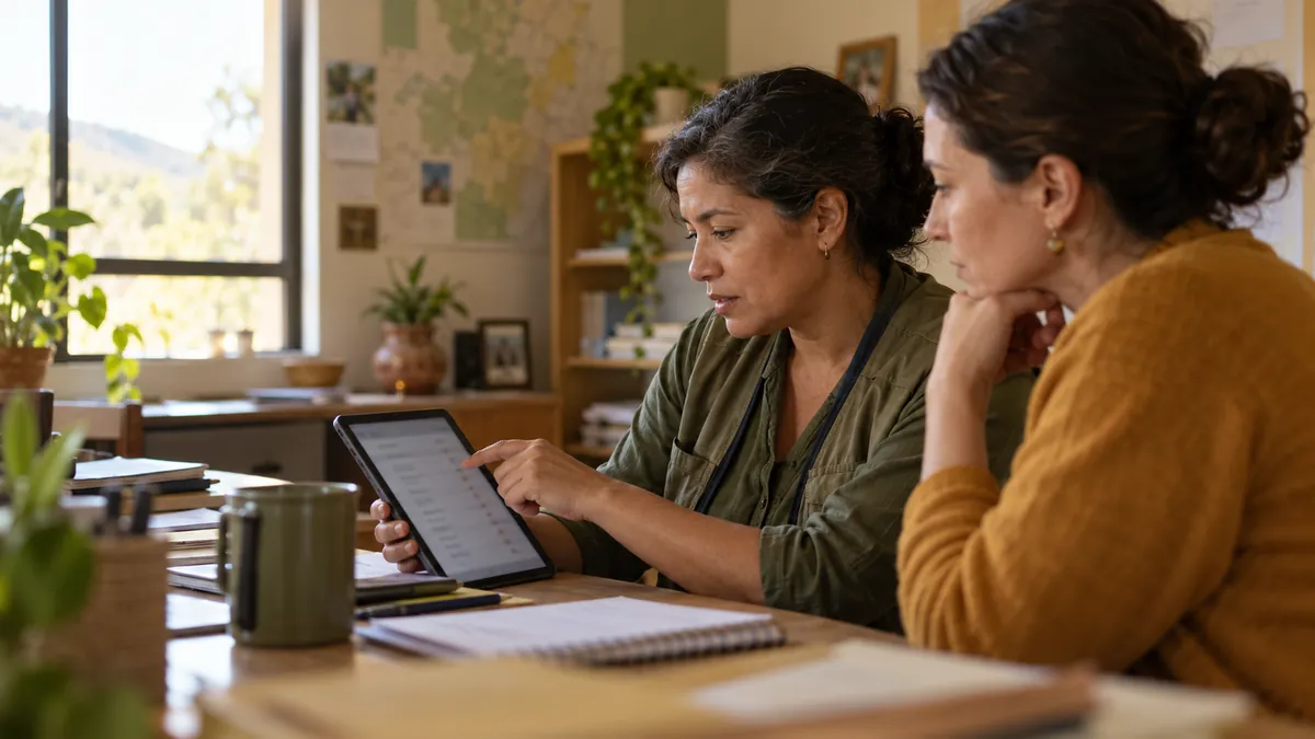 A community health worker in her forties reviews her visit list on a tablet with her supervisor.