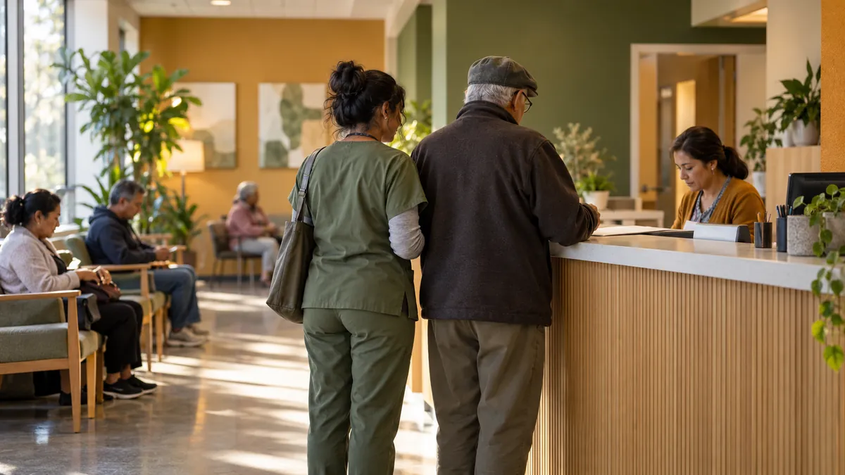 An older man checks in at a clinic front desk as the community health worker stands beside him.