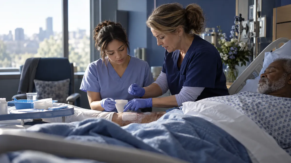 A clinical nurse specialist coaches a newer nurse on a complex wound dressing plan for a resting patient.