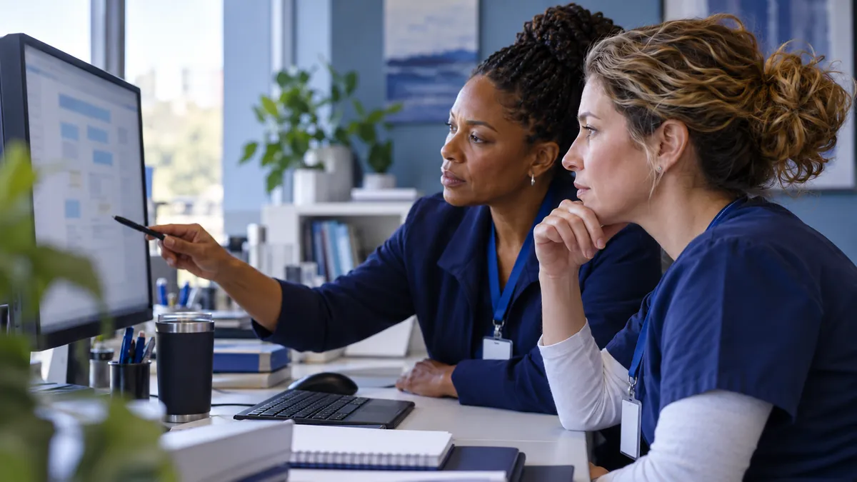 The clinical nurse specialist and a nurse manager review a revised protocol on a monitor in an office.